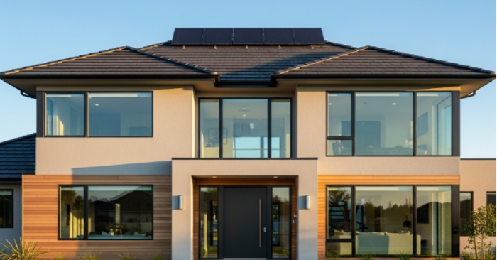 Ejemplo de Casa moderna con techo equipado con tejas solares integradas, rodeada de vegetación y diseño arquitectónico minimalista. Ejemplo de innovación en energía renovable y estética residencial.