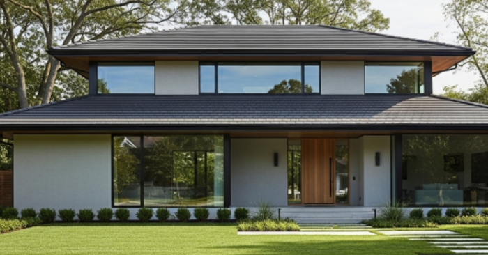Casa moderna con techo equipado con tejas solares integradas, rodeada de vegetación y diseño arquitectónico minimalista. Ejemplo de innovación en energía renovable y estética residencial.