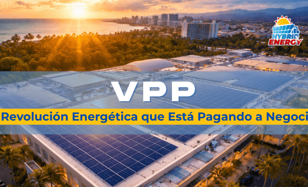 Sistema de paneles solares instalado en el techo de un Shopping Mall moderna en Puerto Rico bajo cielo azul tropical.